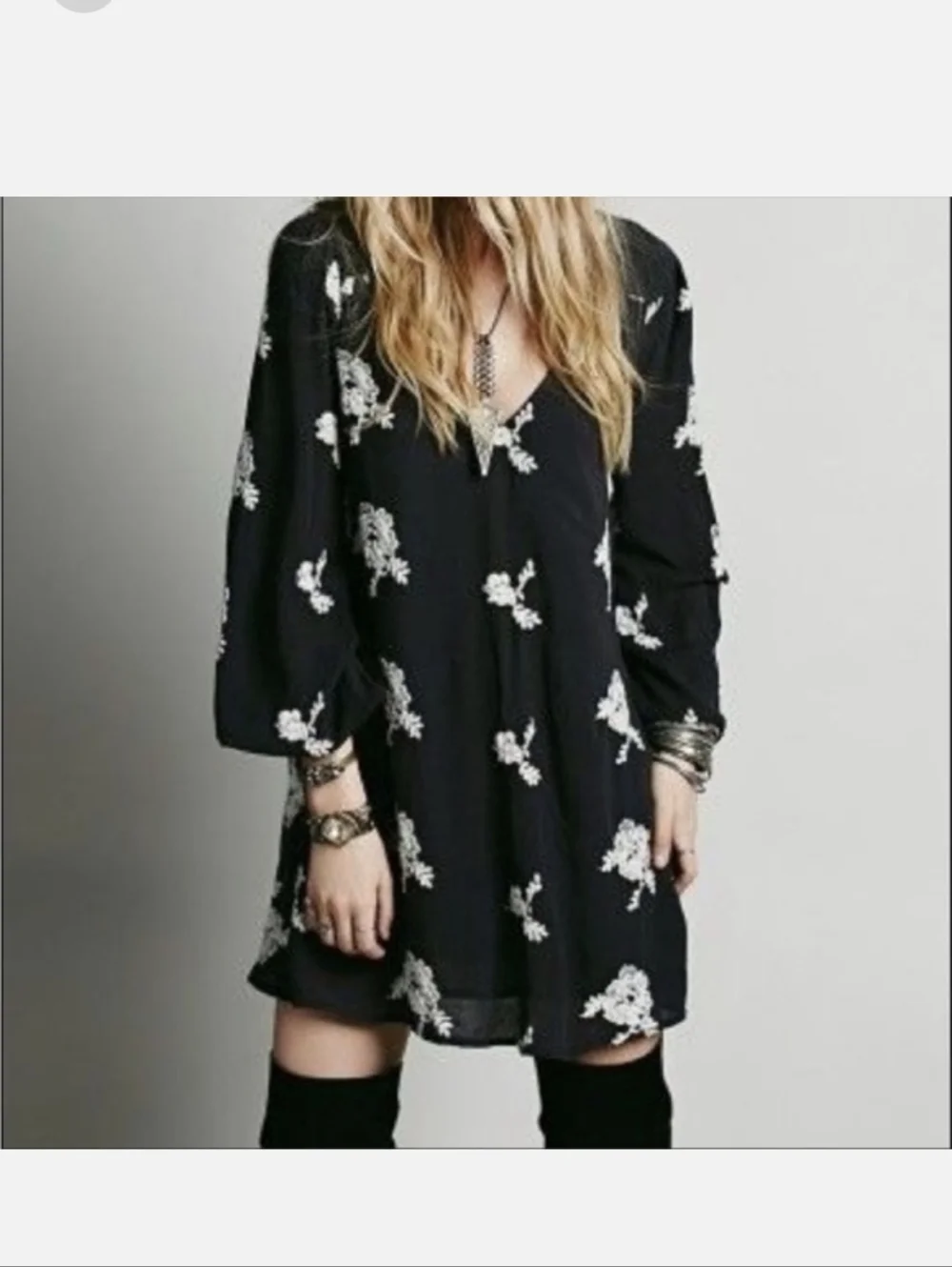 Free People,Black Floral Embroidered Shift Dress, Size S